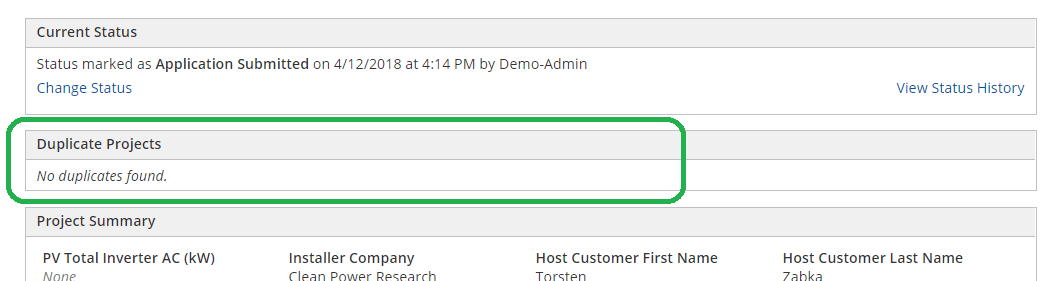 Duplicate Projects section on Admin page project view