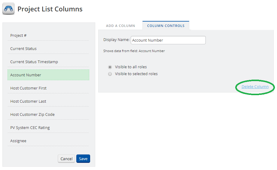 Removing a column from the Project List Columns