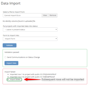 Data import dialog showing an import that failed