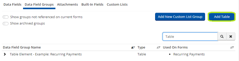Adding a Table Data Field Group