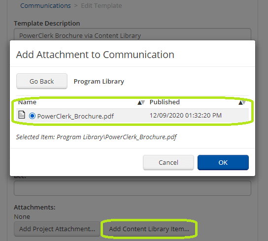 Adding a Content Library item as an attachment