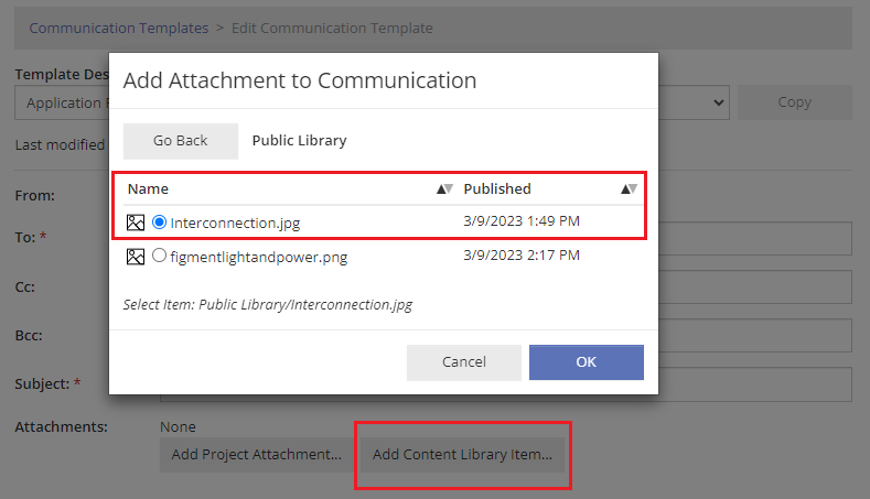 Adding a Content Library item as an attachment