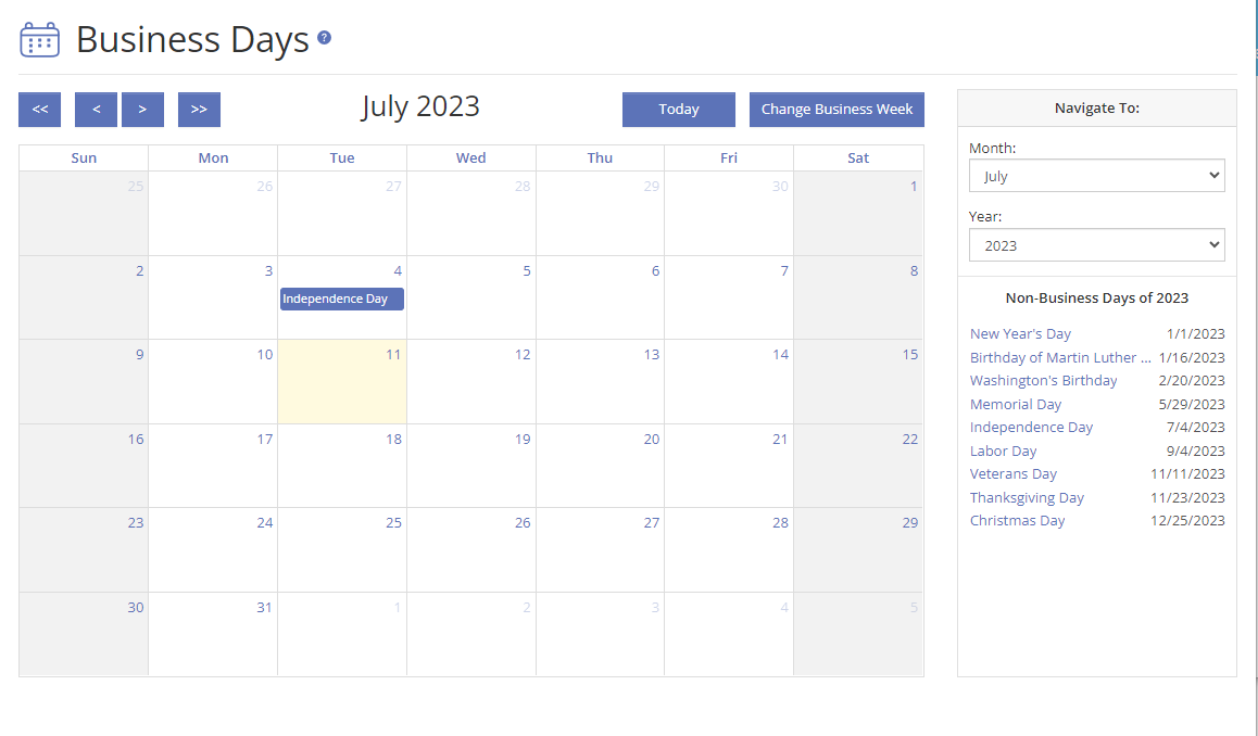 Business Days Calendar