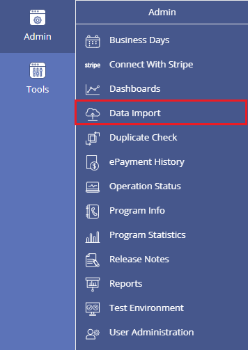 Figure showing Program Design Data Import menu location - bottom left corner