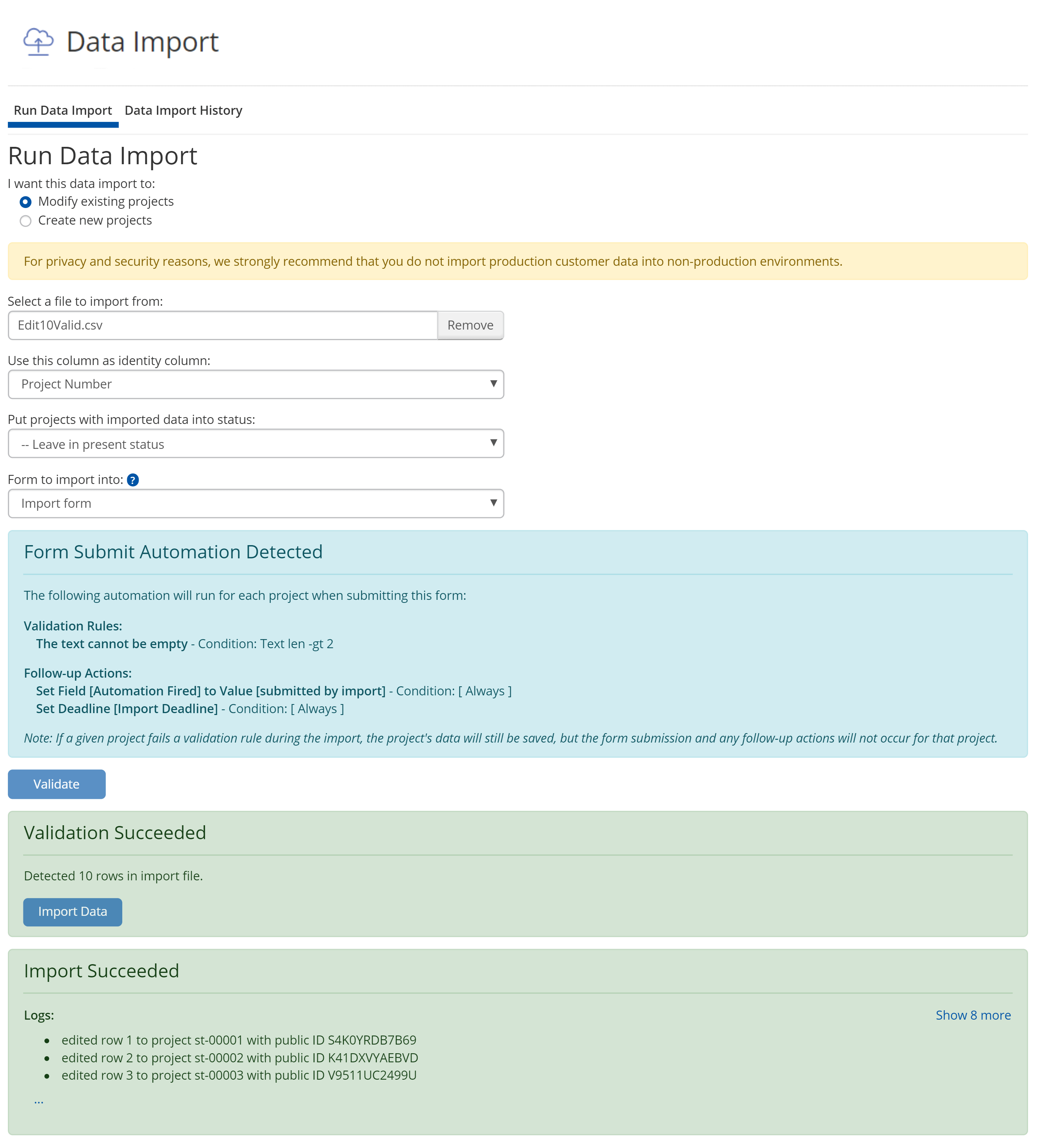 Successful Data Import Targeting Form