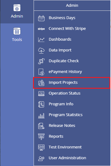 Locating the Import Projects feature