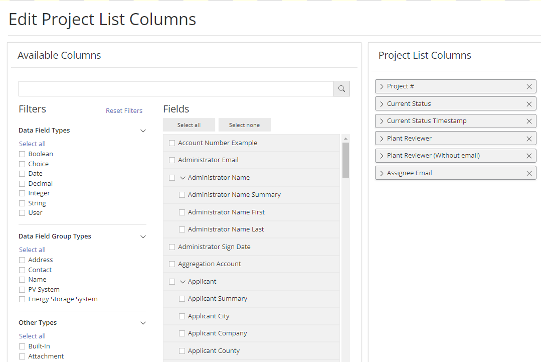Drag and drop Data Fields to add them as Project List Columns
