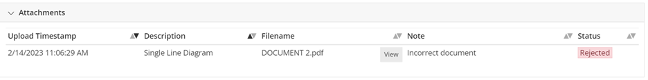 Rejected attachment example from view/edit page