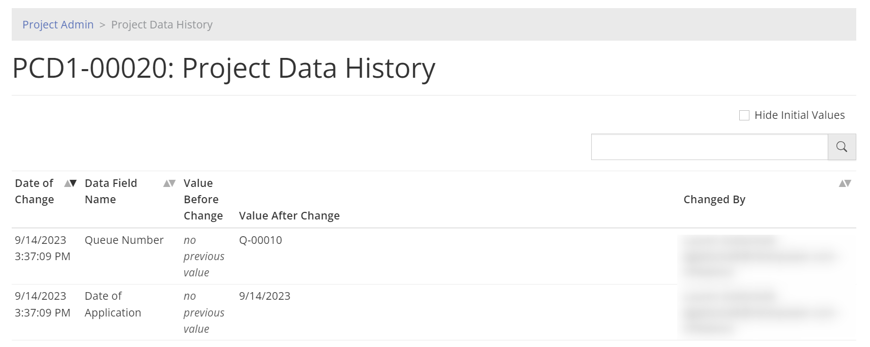 Project Data History