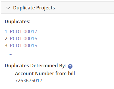  Duplicate Projects identified by matching Account Numbers