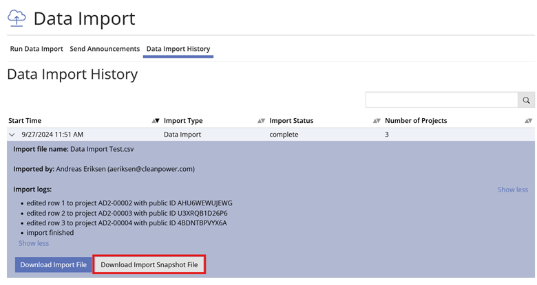 Data Import History Tab