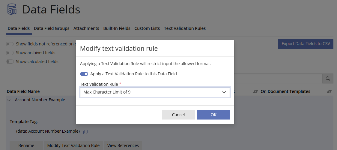 Apply text validation rule to data field 