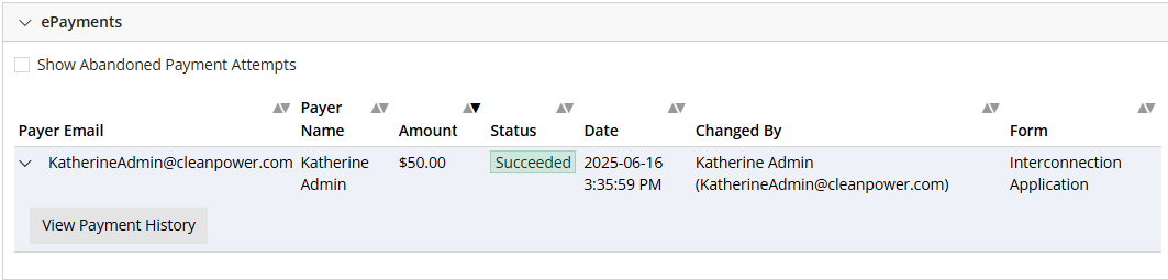 Payment History on Admin Page