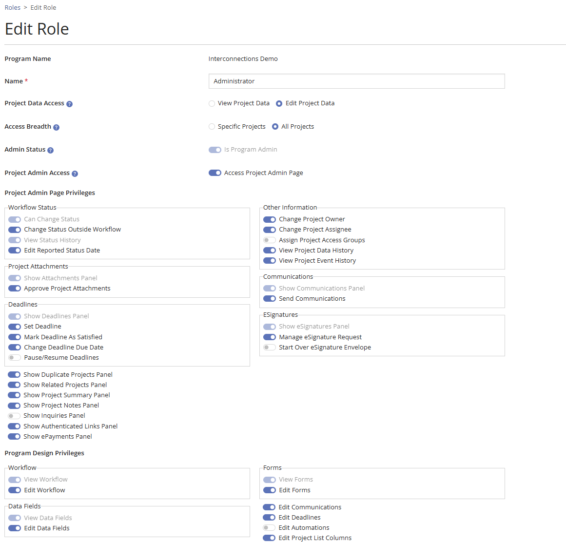 Role permissions dialog
