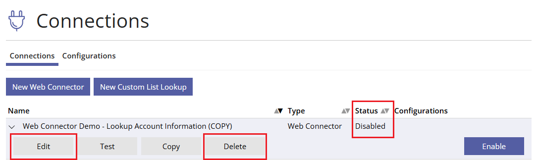 Deleting or Editing a Disabled Web Connector
