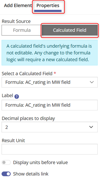 Properties Tab in the Formula Result Element