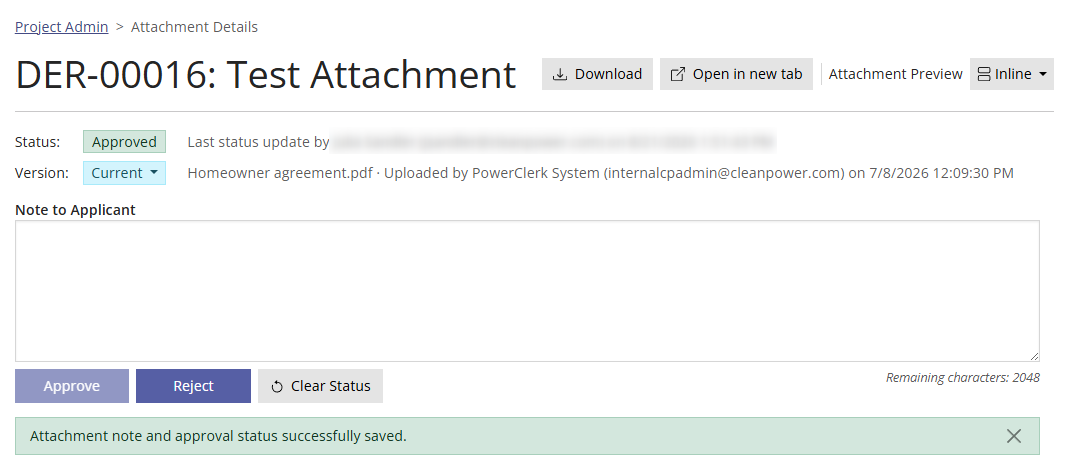 Attachment Notes and Status